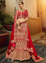 Load image into Gallery viewer, Incredible Red Velvet Base Embroidered Bridal Lehenga Choli
