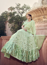 Load image into Gallery viewer, Online Pastel Green color soft net base sequins work lehenga choli
