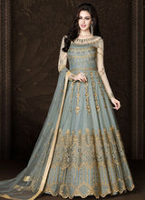 Load image into Gallery viewer, grey colored wedding wear Zari work designer gown
