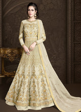 Load image into Gallery viewer, popular partywear heavy work off white soft net base designer gown
