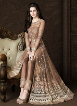 Load image into Gallery viewer, buy beautiful brown colored wedding wear Zari work designer gown
