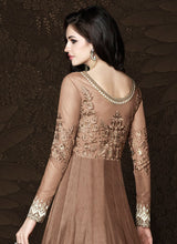 Load image into Gallery viewer, shop beautiful brown colored wedding wear Zari work designer gown
