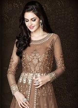 Load image into Gallery viewer, online beautiful brown colored wedding wear Zari work designer gown
