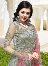Load image into Gallery viewer, shop grey colored heavy work with contrast dupatta soft net base slit cut suit
