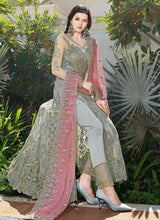 Load image into Gallery viewer, grey heavy work with contrast dupatta soft net base slit cut suit
