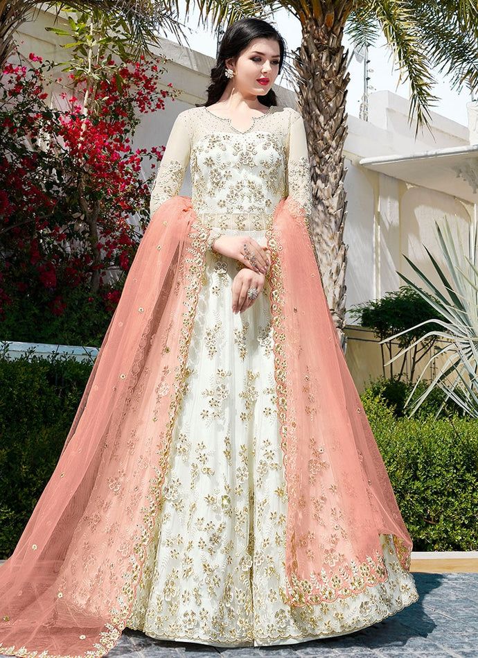 offwhite colored heavy work with contrast dupatta soft net base slit   Dresstive