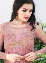 Load image into Gallery viewer, Buy pink colored heavy work with contrast dupatta soft net base slit cut suit
