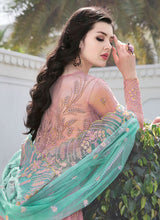Load image into Gallery viewer, Online pink colored heavy work with contrast dupatta soft net base slit cut suit
