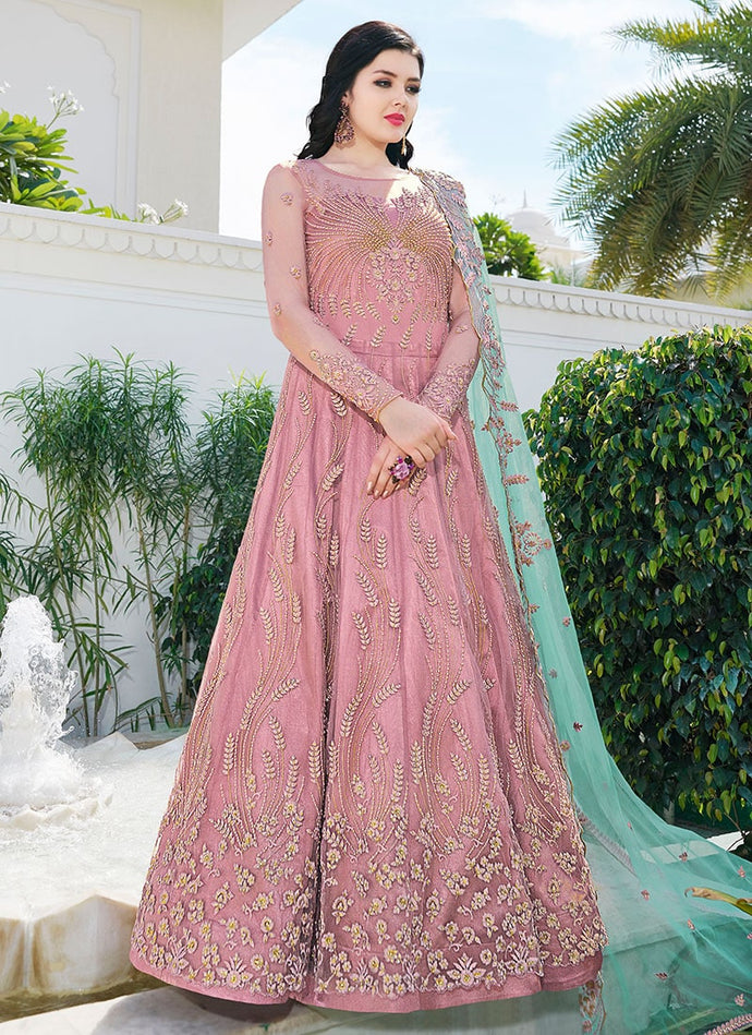 pink colored heavy work with contrast dupatta soft net base slit cut suit