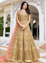 Load image into Gallery viewer, beige colored heavy work with contrast dupatta soft net base slit cut suit
