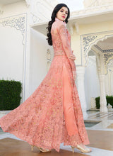 Load image into Gallery viewer, buy Peach colored heavy worked soft net base anarkali suit
