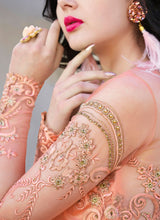 Load image into Gallery viewer, order Peach colored heavy worked soft net base anarkali suit
