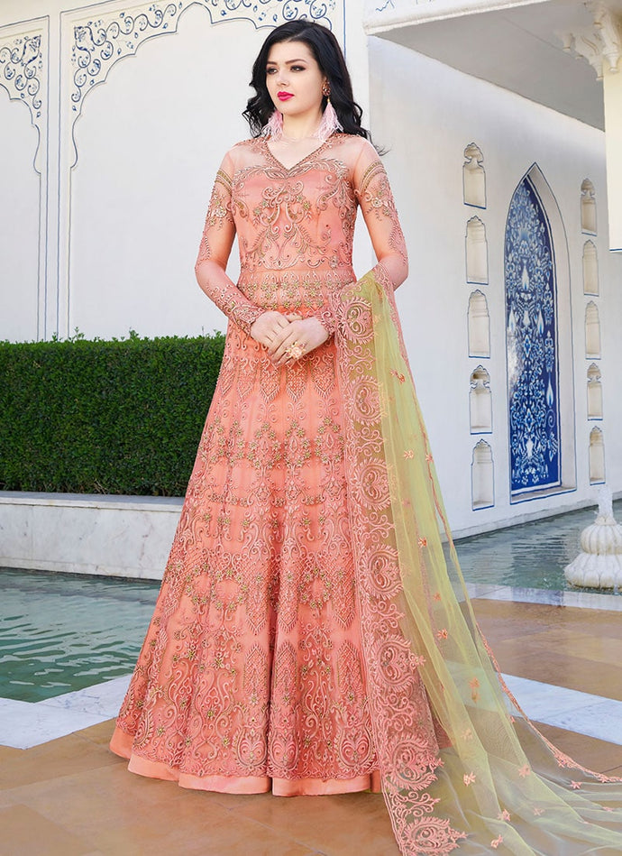 Peach colored heavy worked soft net base anarkali suit