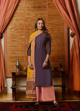 Load image into Gallery viewer, Purple mauve colored partywear art silk palazzo suit
