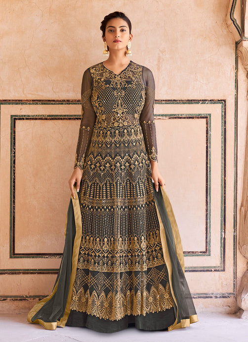 Dark Grey Color Heavy Embroidered And Stone Work Designer Gown