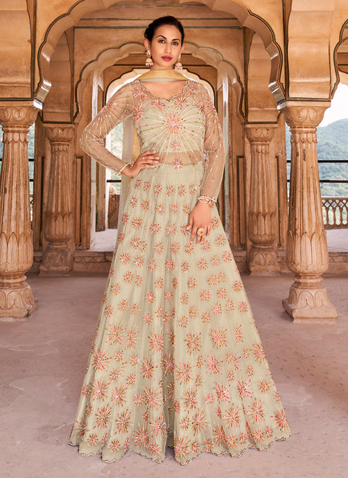 Cream Color Heavy Embroidered And Stone Work Designer Gown