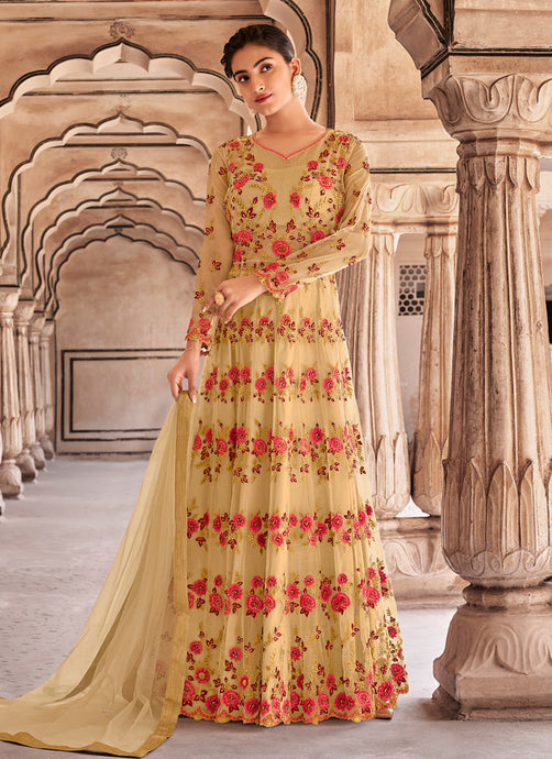 Light Beige Color Heavy Embroidered And Stone Work Designer Gown