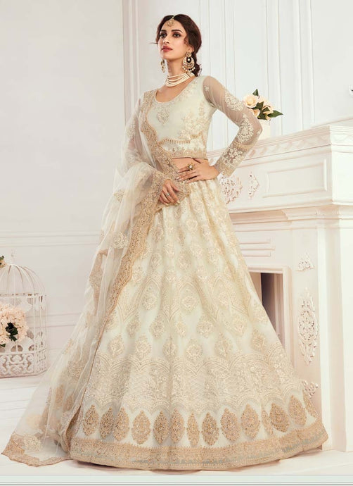 bridal wear off-white colored designer soft net base lehenga choli