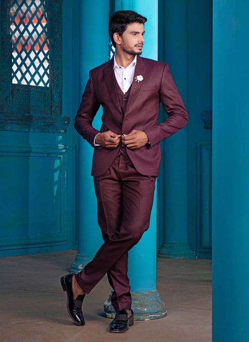 Maroon color Single Breasted Structured fit Textured Suit