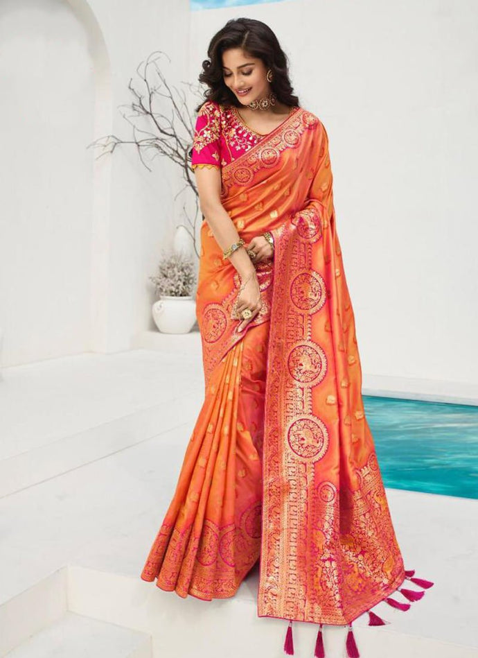 partywear orange multi colored with designer blouse silk base saree