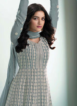 Load image into Gallery viewer, buy trending pastel grey colored lucknowi work georgette base gown
