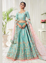 Load image into Gallery viewer, aqua blue fantastic extraordinary weddingwear silk base lehenga choli
