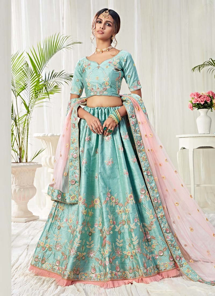 aqua blue fantastic extraordinary weddingwear silk base lehenga choli
