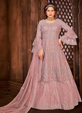 Load image into Gallery viewer, buy pastel pink colored soft net base heavy embroidered long choli lehenga
