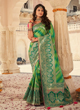 Load image into Gallery viewer, Elegant Green color texture Silk base Half and Half Saree
