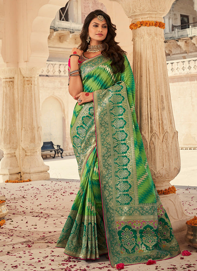 Elegant Green color texture Silk base Half and Half Saree