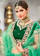 Load image into Gallery viewer, shop fantastic forest green colored mirror work embroidered lehenga choli
