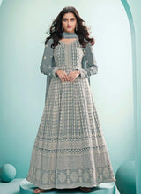 Load image into Gallery viewer, trending pastel grey colored lucknowi work georgette base gown
