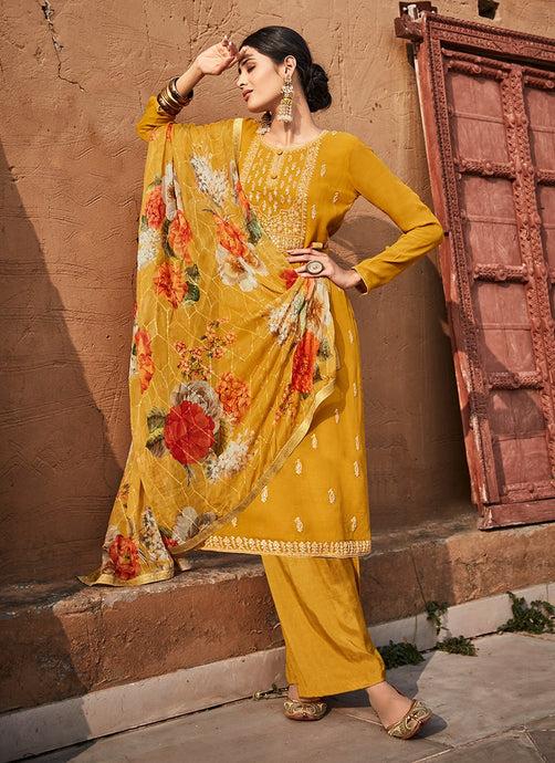 Mustard Yellow Color Round Neckline Full Sleeves Zari Work Salwar Suit