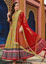 Load image into Gallery viewer, yellow color texture printed silk base designer anarkali suit
