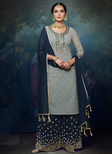 Load image into Gallery viewer, stunning navy blue color lucknowi work base sharara  suit
