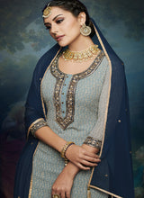 Load image into Gallery viewer, Buy stunning navy blue color lucknowi work base sharara  suit
