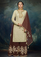 Load image into Gallery viewer, graceful cream color lucknowi and beads work base sharara  suit
