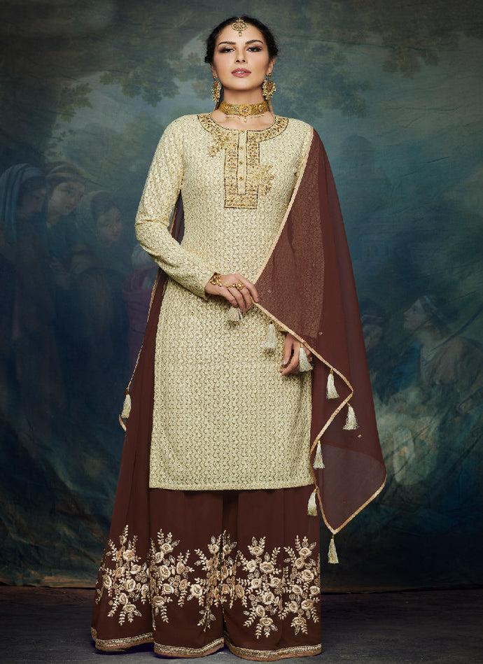 graceful cream color lucknowi and beads work base sharara  suit