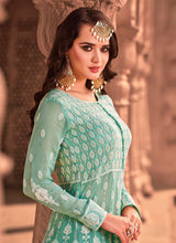 Load image into Gallery viewer, Online Aqua green color georgette base lucknowi indo western
