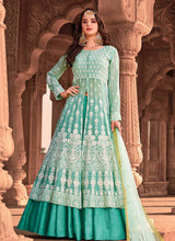 Load image into Gallery viewer, Aqua green color georgette base lucknowi indo western
