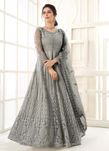 Load image into Gallery viewer, staggering Zari worked steel grey colored soft net base designer gown
