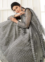 Load image into Gallery viewer, buy staggering Zari worked steel grey colored soft net base designer gown
