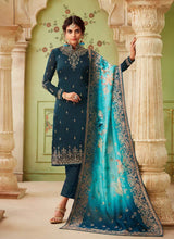 Load image into Gallery viewer, stunning navy blue color collar neck salwar kameez with shaded dupatta
