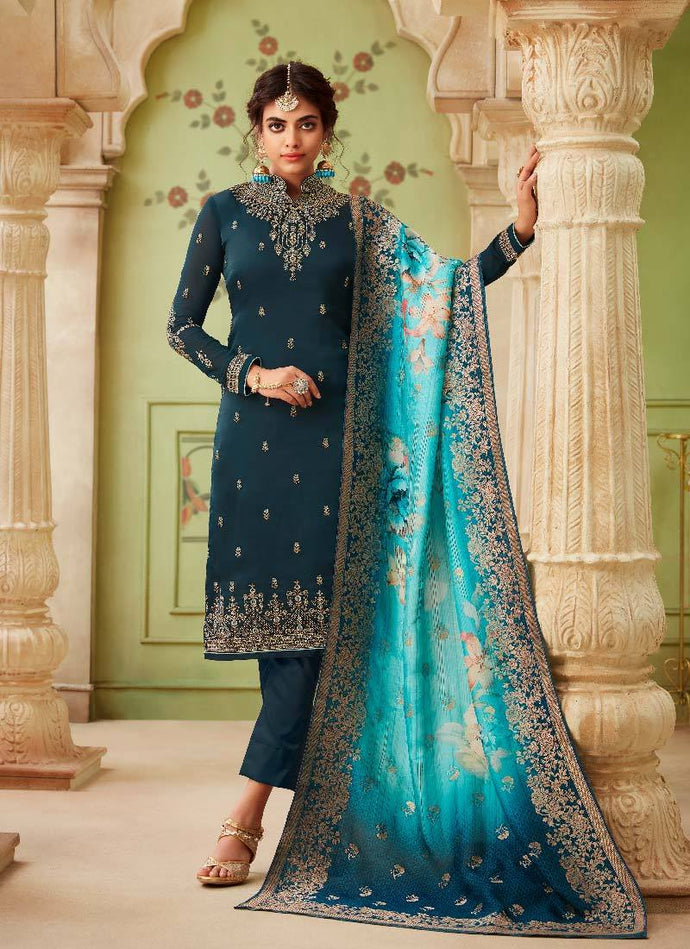 stunning navy blue color collar neck salwar kameez with shaded dupatta