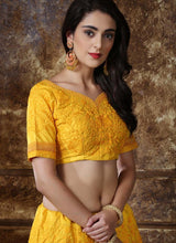 Load image into Gallery viewer, buy lovely lemon yellow colored georgette base lucknowi designer lehenga choli
