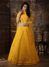 Load image into Gallery viewer, lovely lemon yellow colored georgette base lucknowi designer lehenga choli
