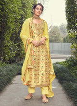 Load image into Gallery viewer, awesome yellow colored silk base pant style suit
