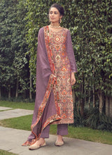 Load image into Gallery viewer, graceful purple colored silk base printed pant style suit
