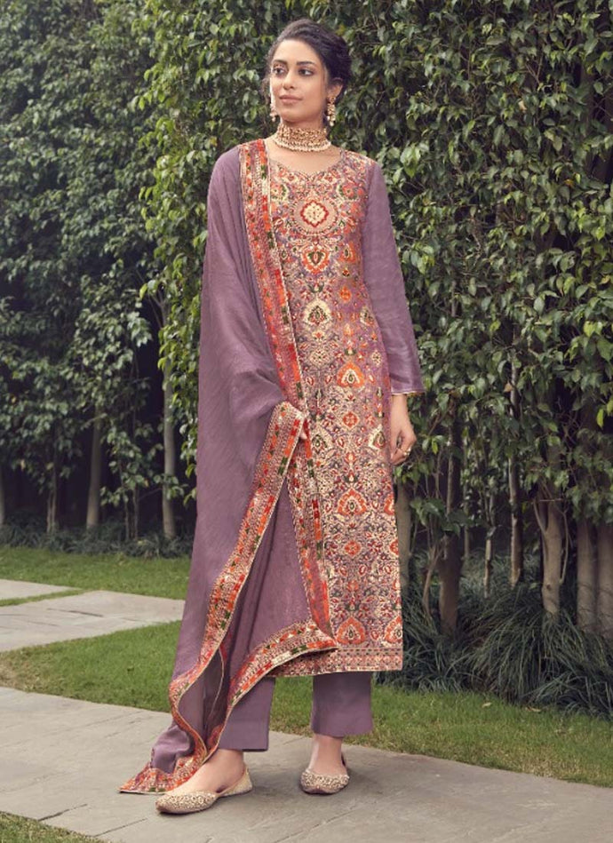 graceful purple colored silk base printed pant style suit
