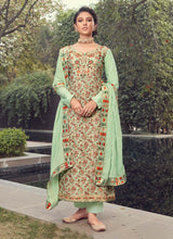 Load image into Gallery viewer, pleasure pastel green colored silk base printed straight suit
